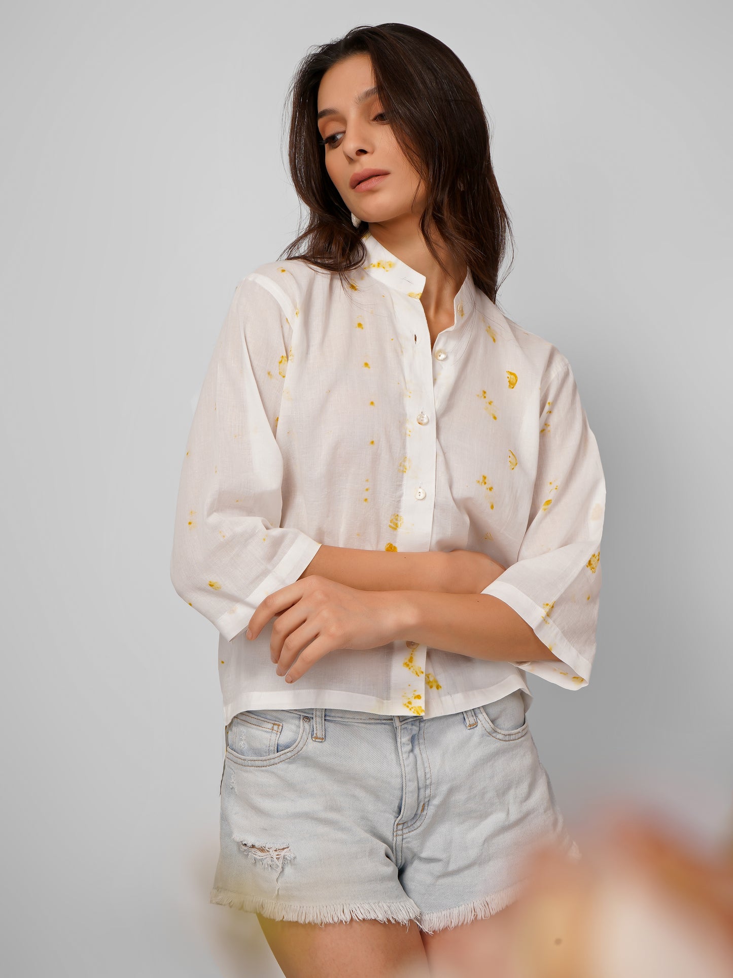 White Yellow Printed Sleeve Shirt