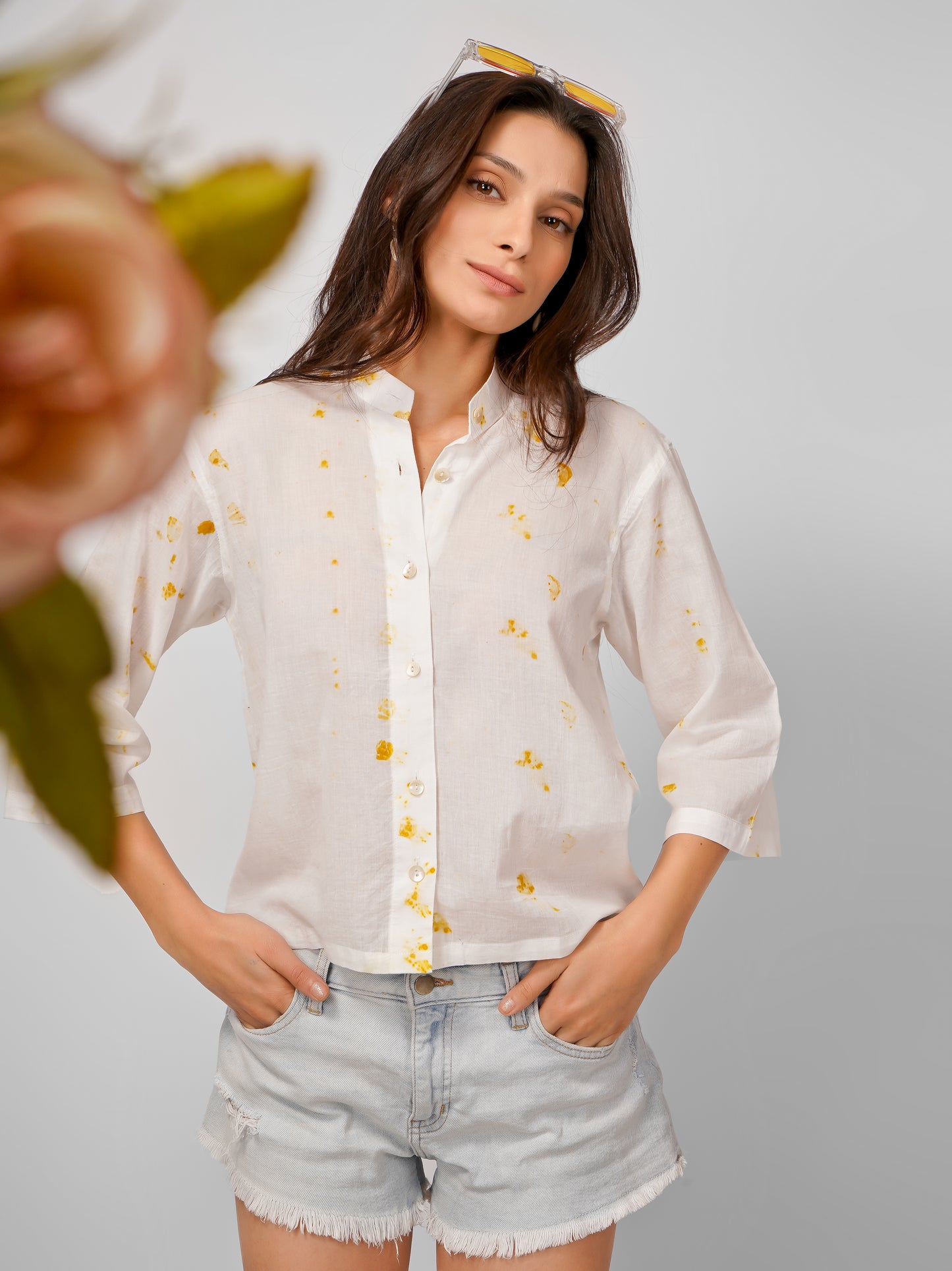 White Yellow Printed Sleeve Shirt