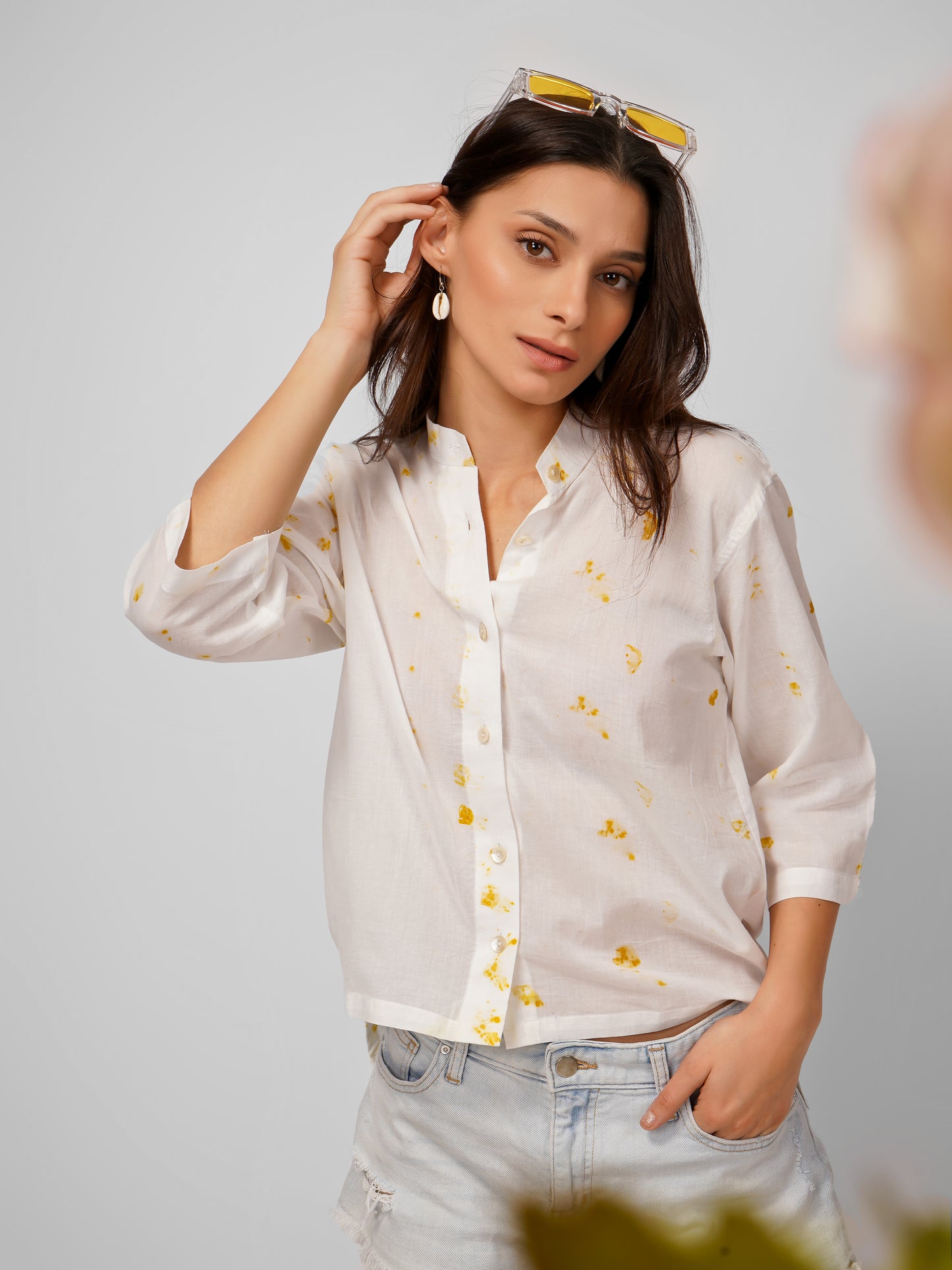 White Yellow Printed Sleeve Shirt