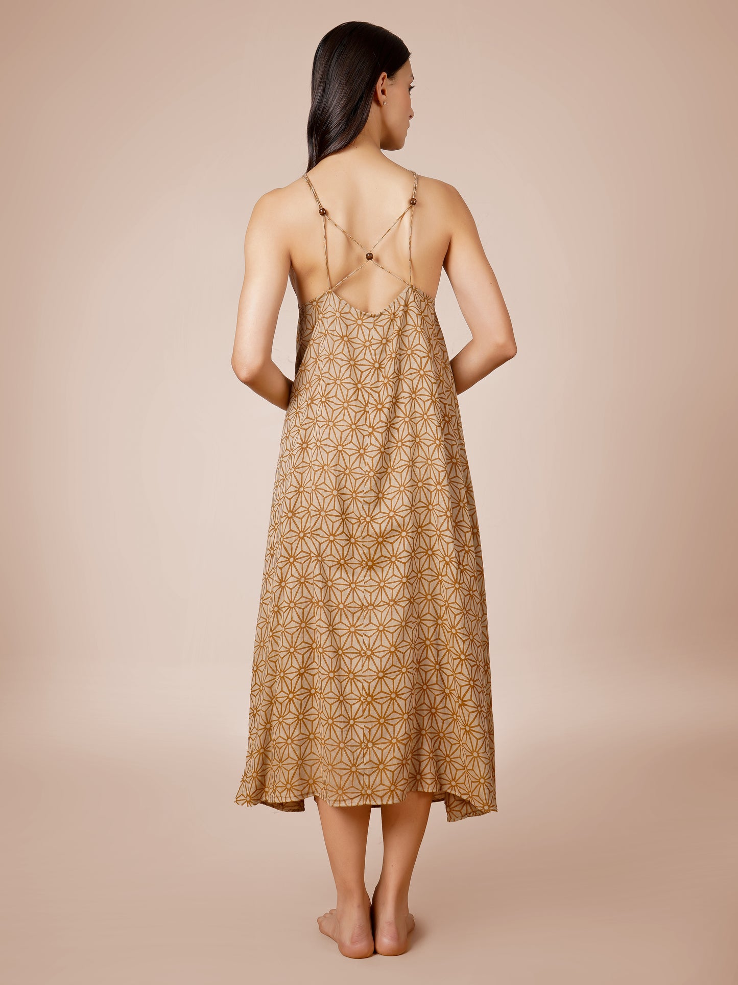 Brown Abstract Printed Backless Dress