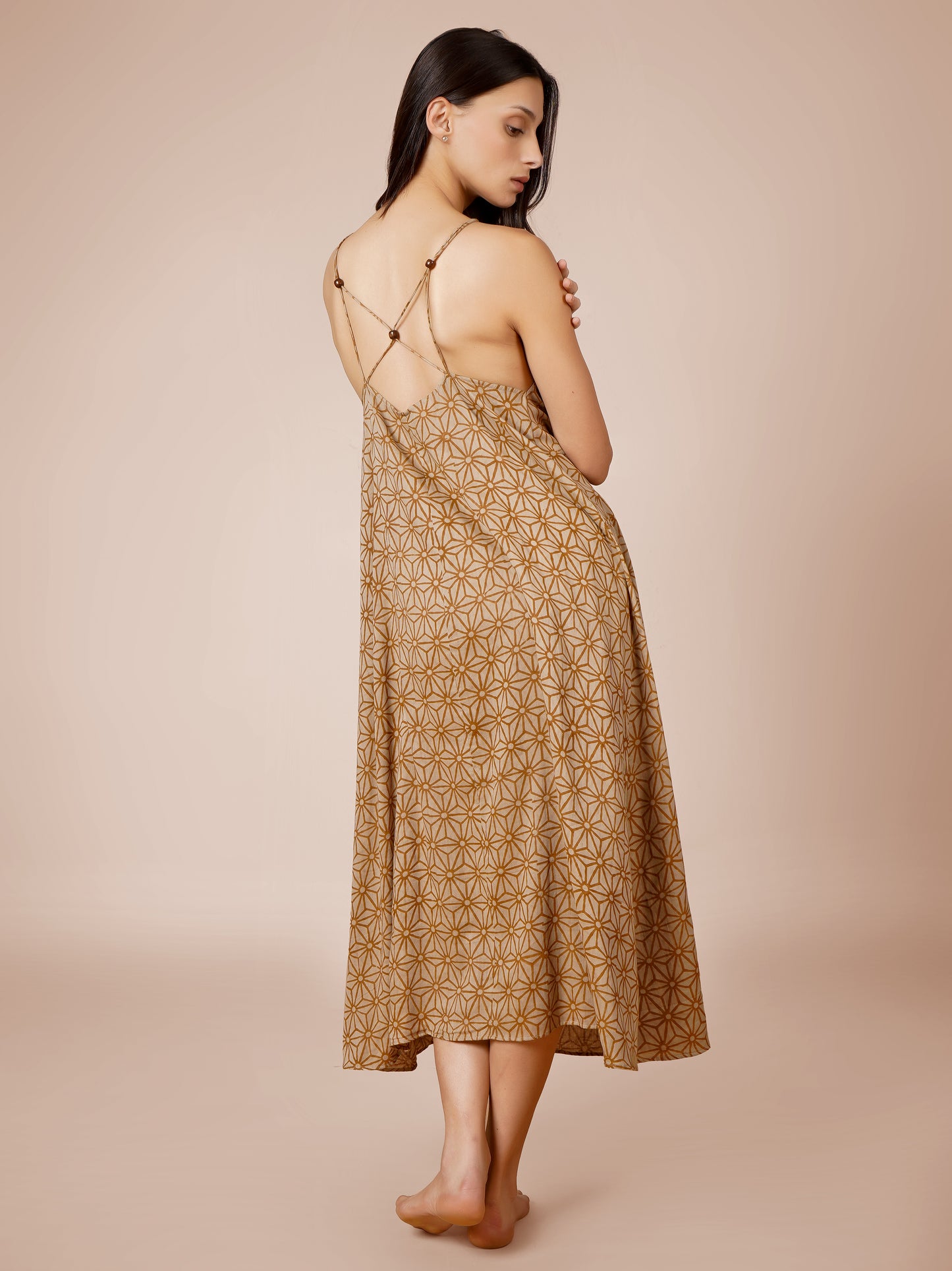 Brown Abstract Printed Backless Dress