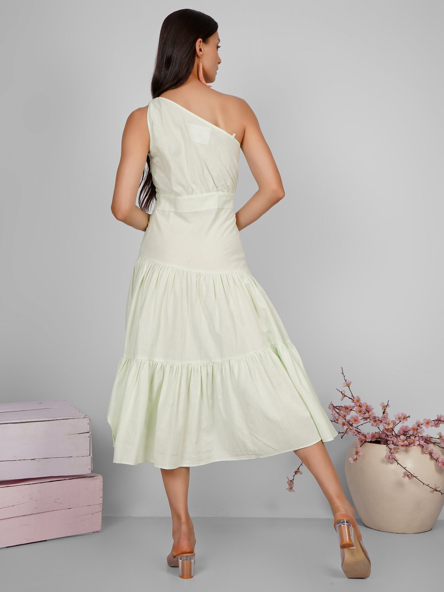 Green Tiered One Shoulder Dress