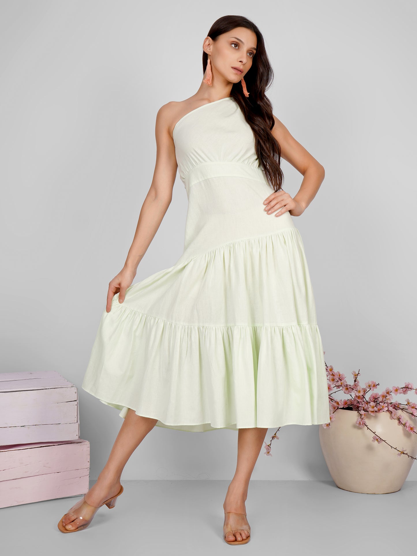 Green Tiered One Shoulder Dress