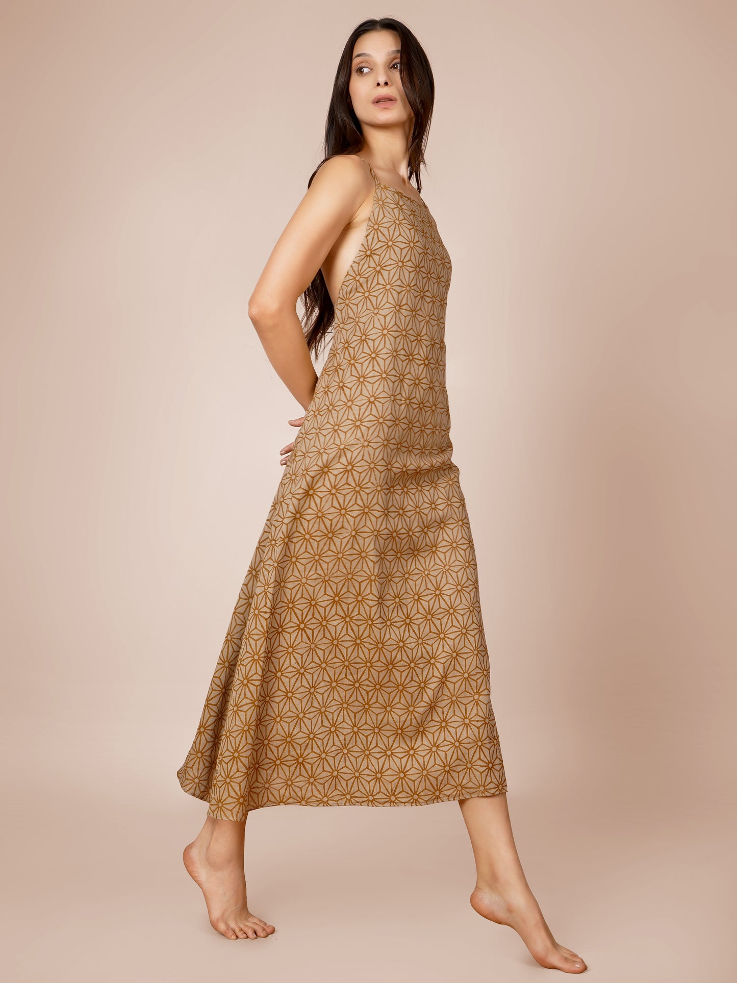 Brown Abstract Printed Backless Dress