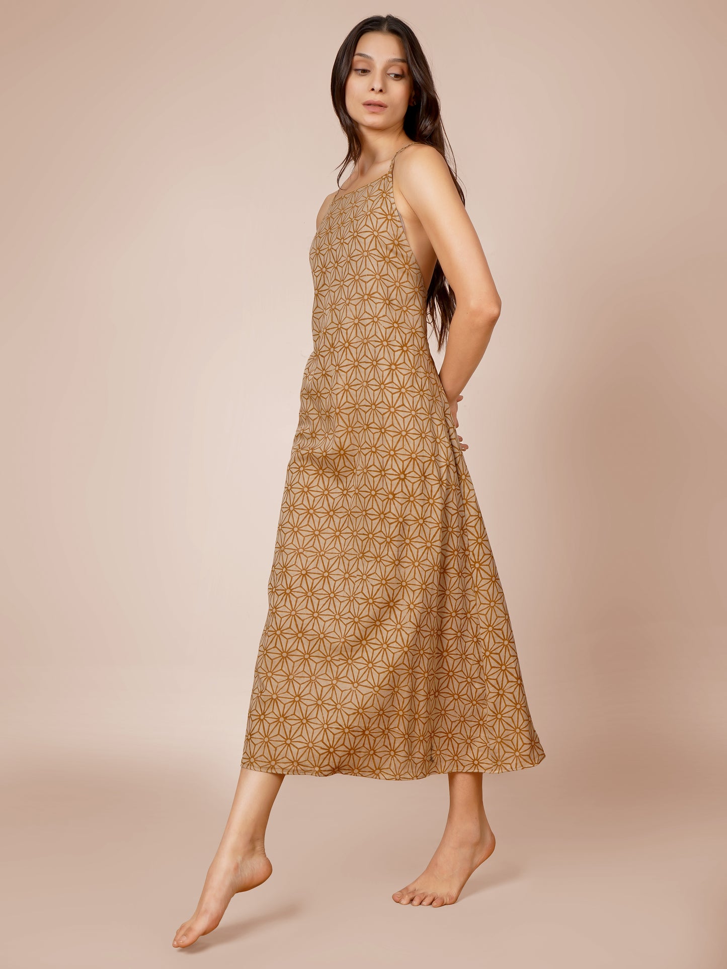 Brown Abstract Printed Backless Dress