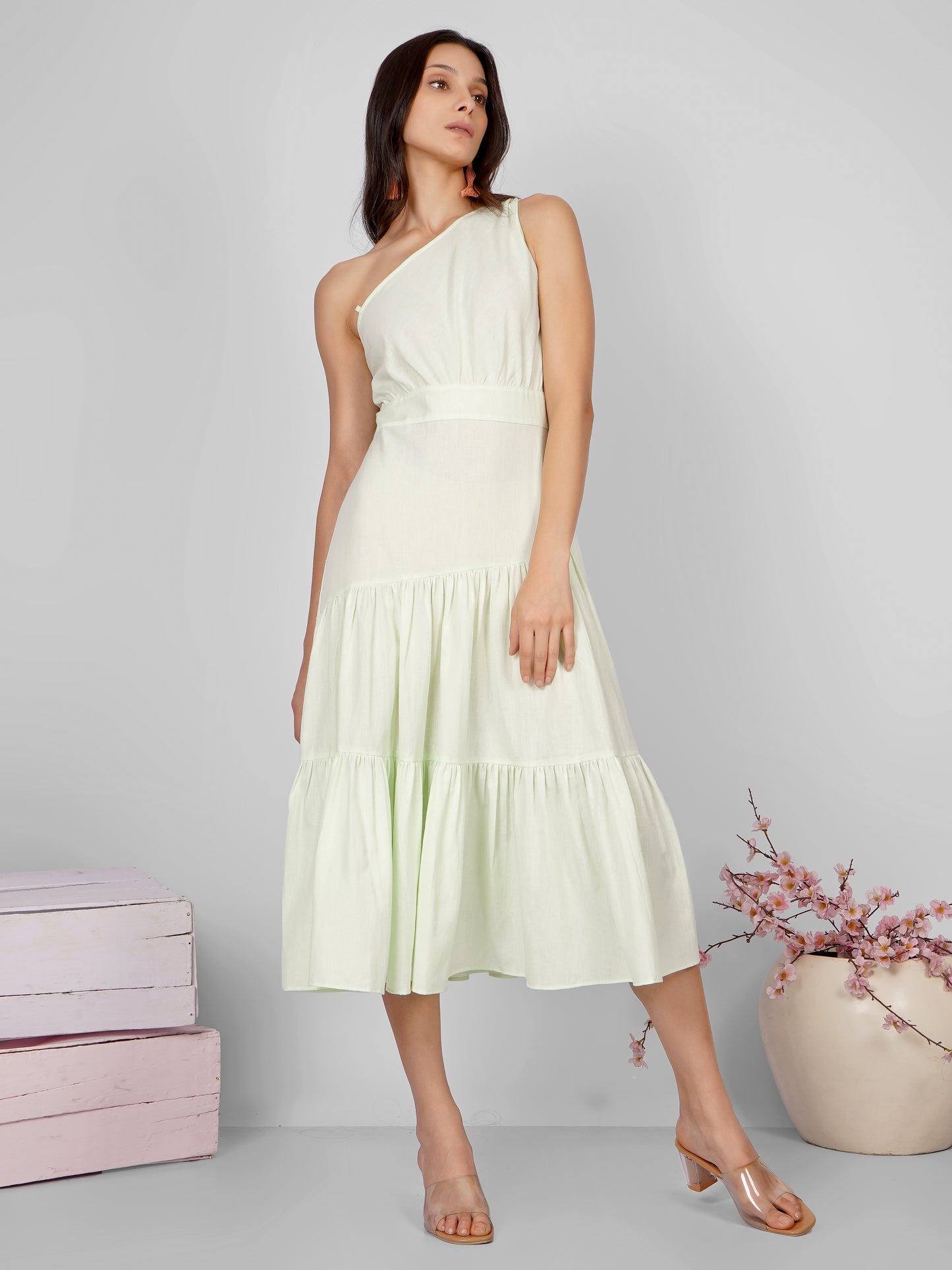 Green Tiered One Shoulder Dress