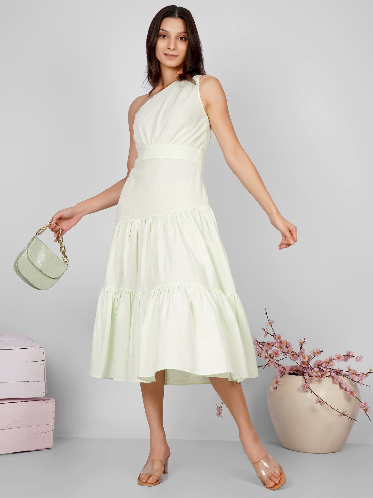 Green Tiered One Shoulder Dress