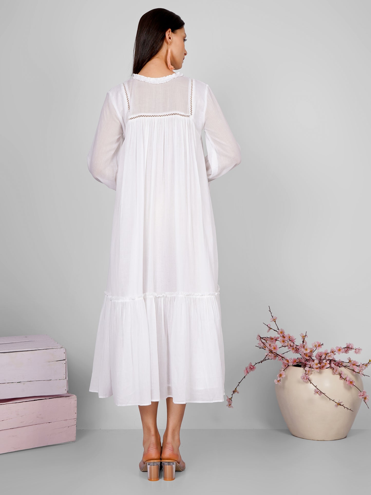 White Ruffle Neckline Pintucks  Dress