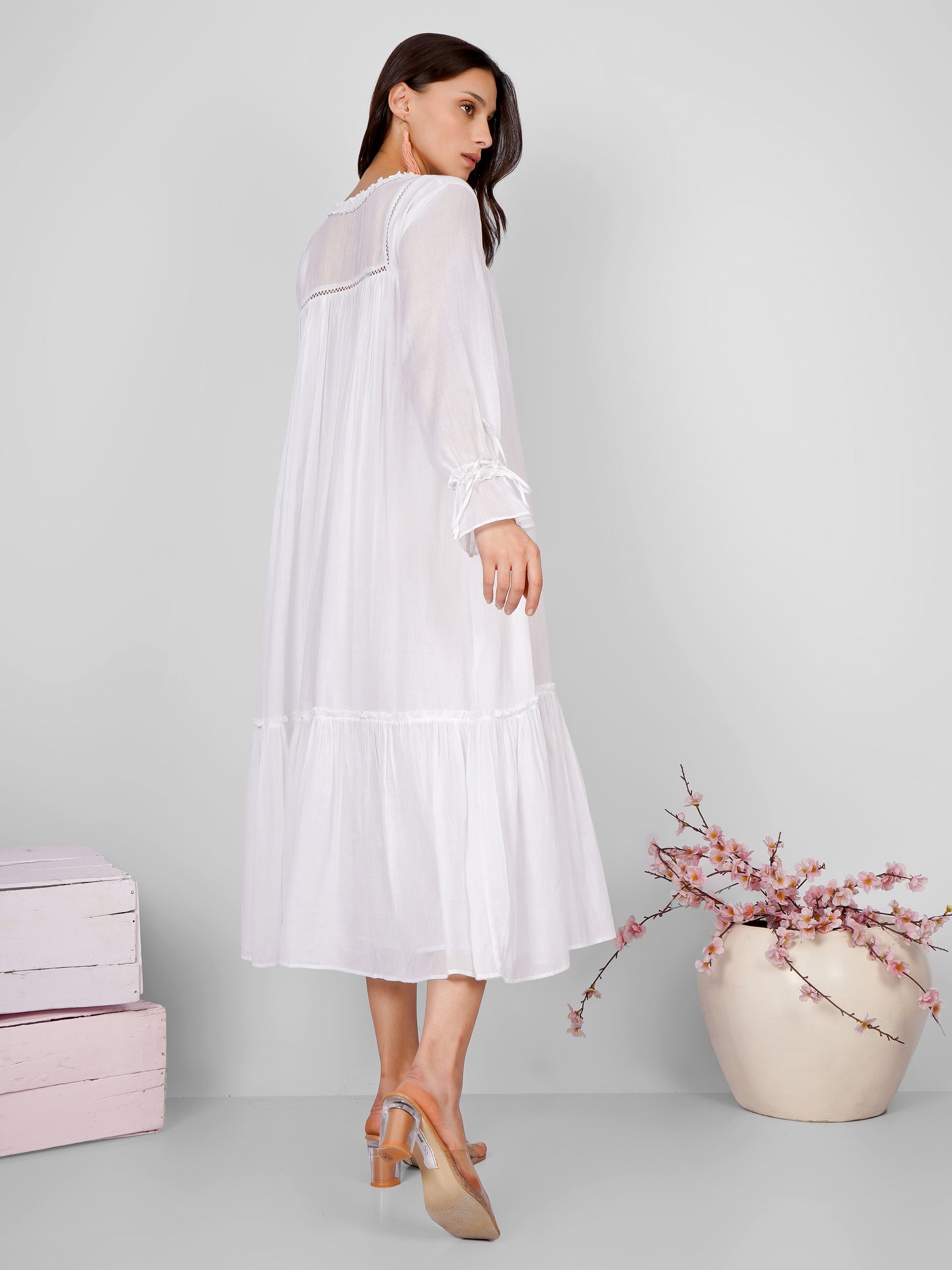 White Ruffle Neckline Pintucks  Dress