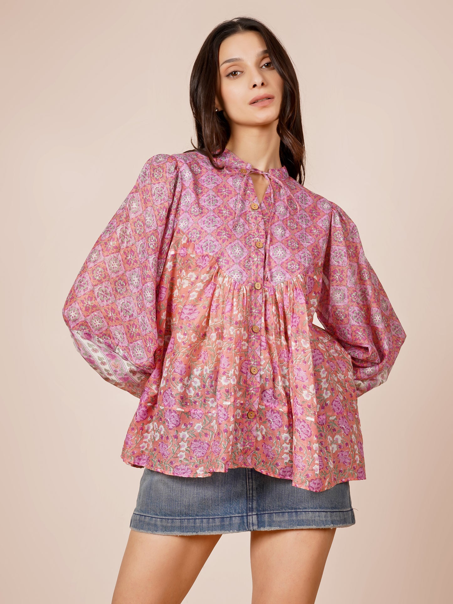 Pink Multi Printed Sleeved Top