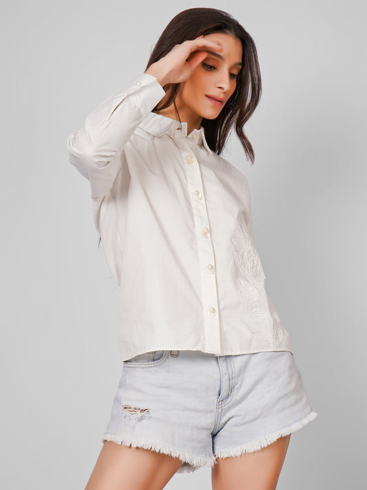 White Floral Embroidered Shirt