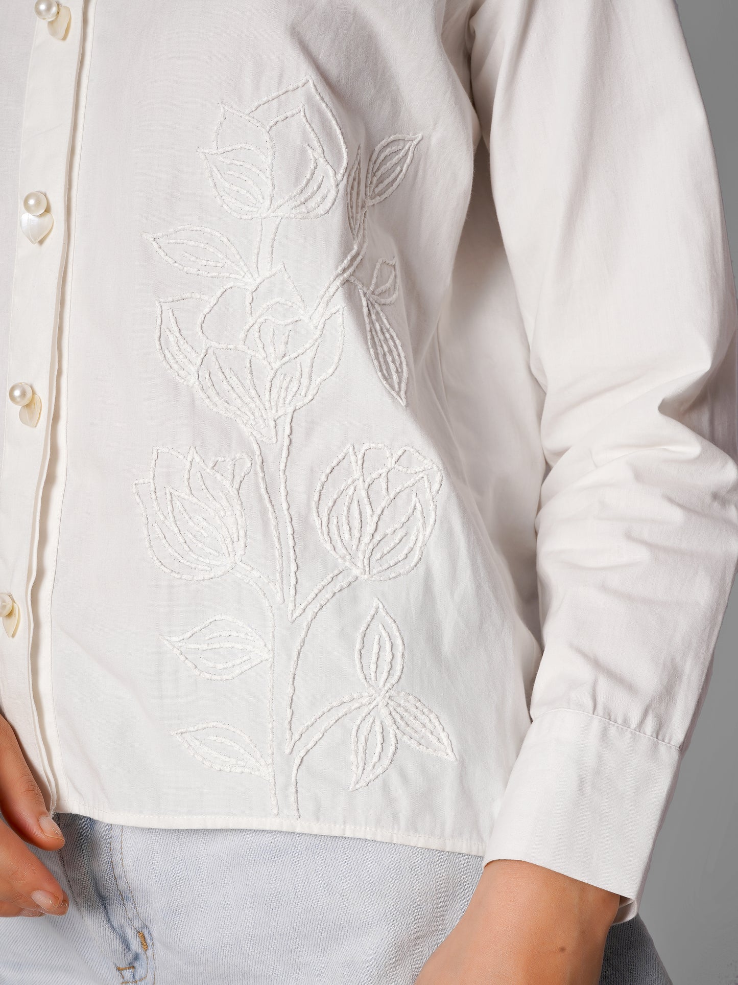 White Floral Embroidered Shirt