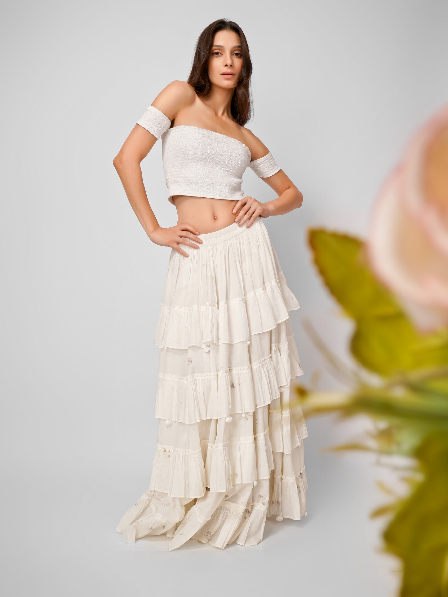 White Ruffle Long Skirt - Natural Dyed