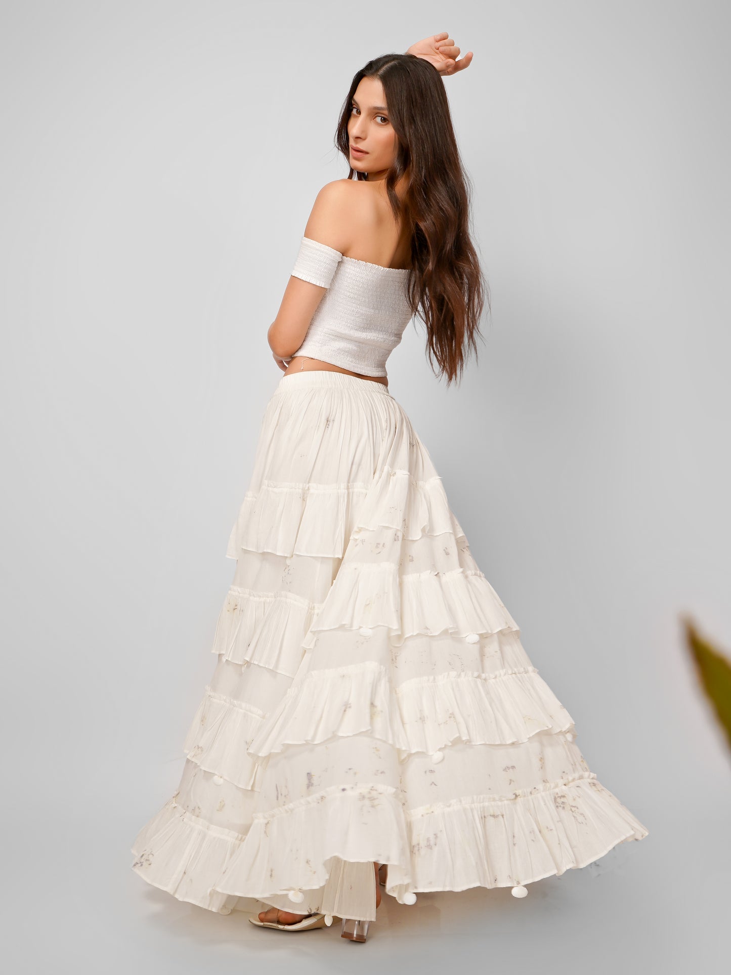 White Ruffle Long Skirt - Natural Dyed