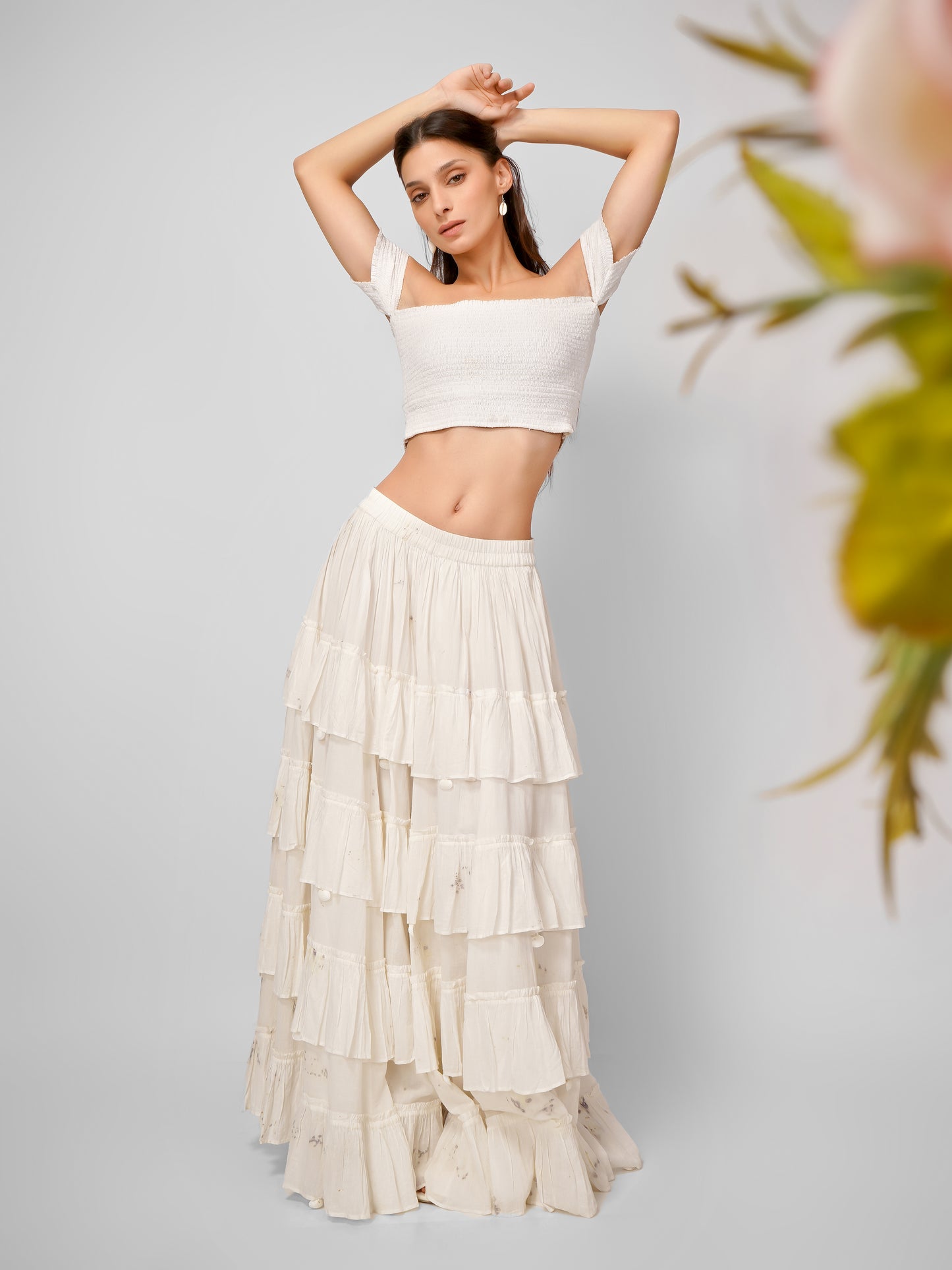 White Ruffle Long Skirt - Natural Dyed