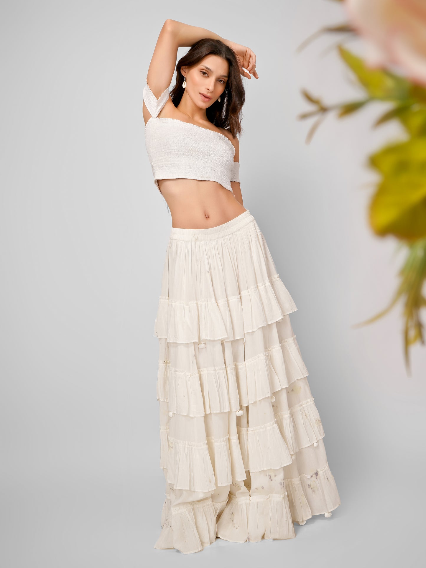 White Ruffle Long Skirt - Natural Dyed