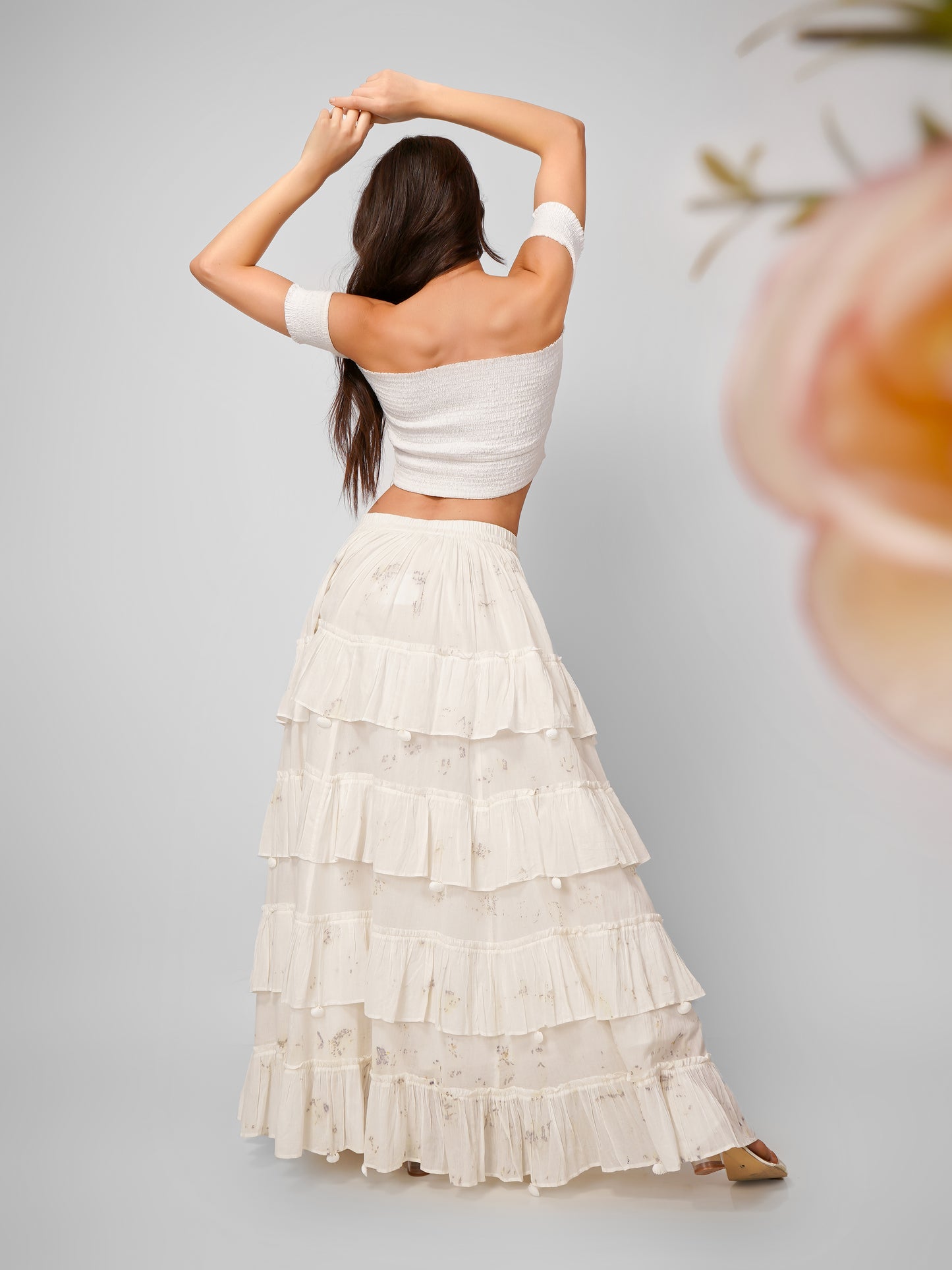 White Ruffle Long Skirt - Natural Dyed