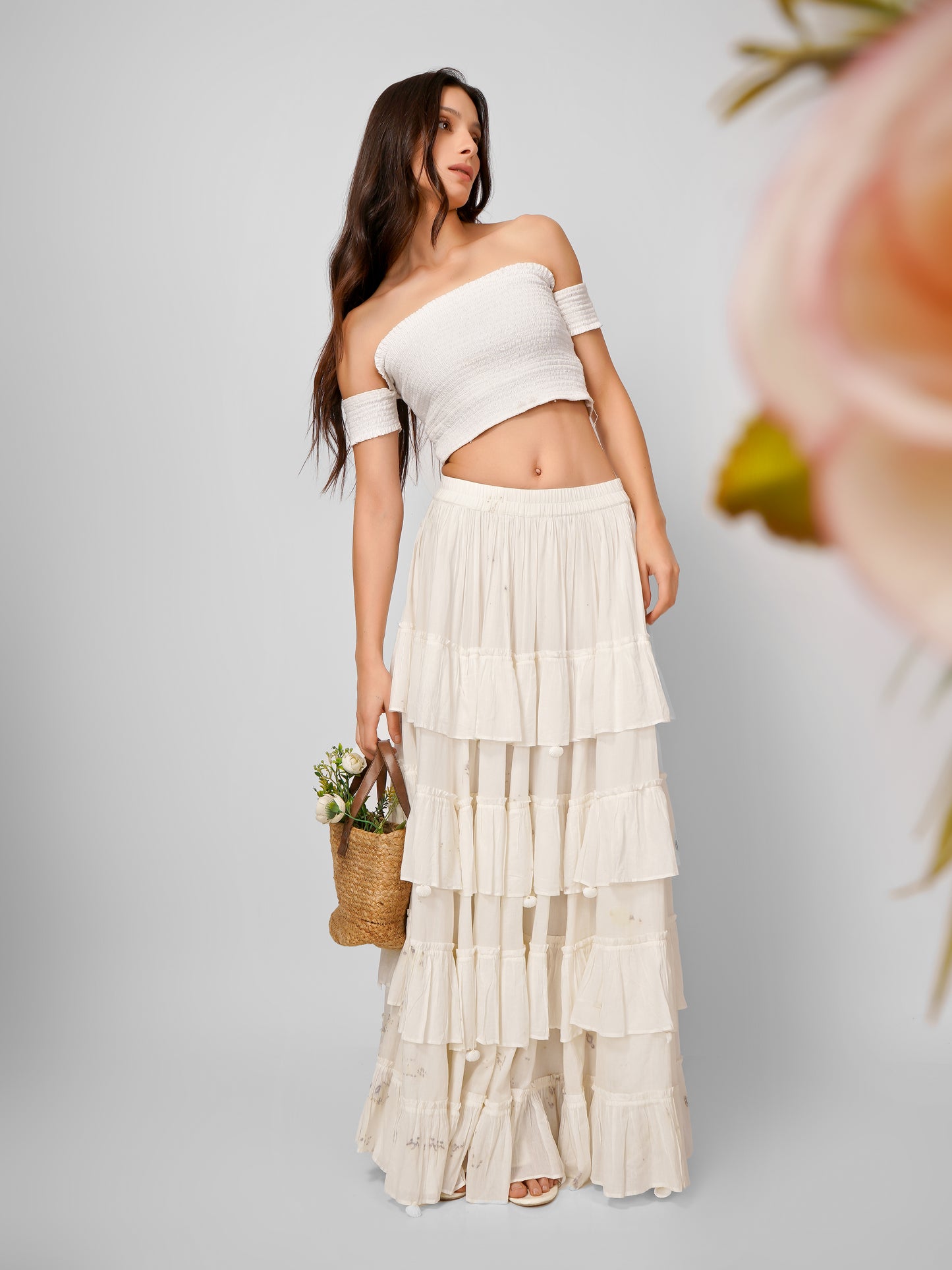 White Ruffle Long Skirt - Natural Dyed