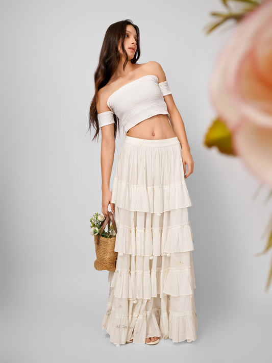 White Ruffle Long Skirt - Natural Dyed