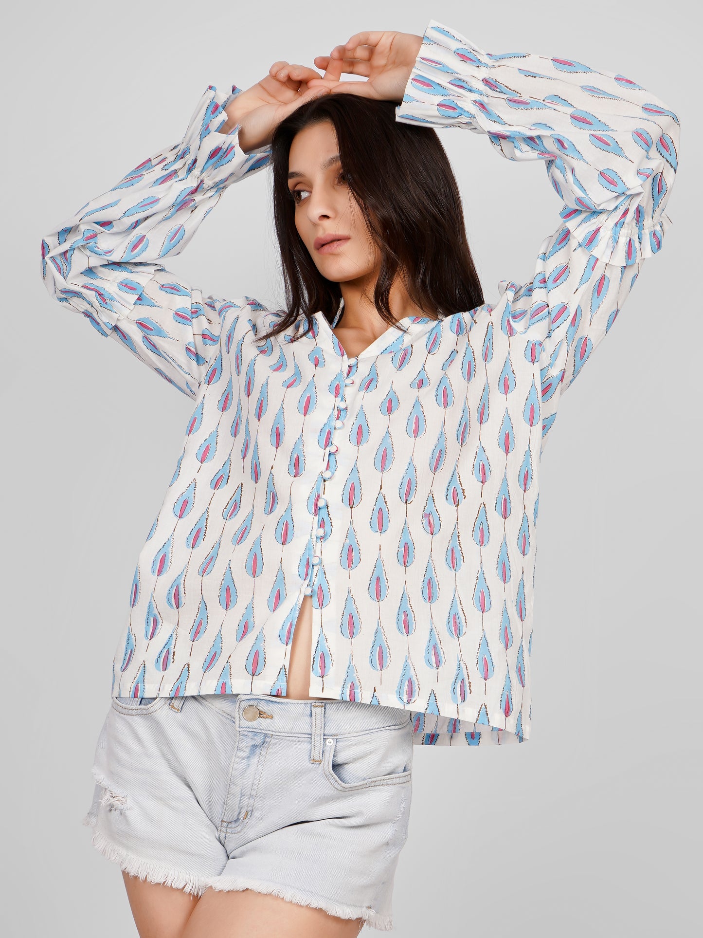 White Blue Printed Top