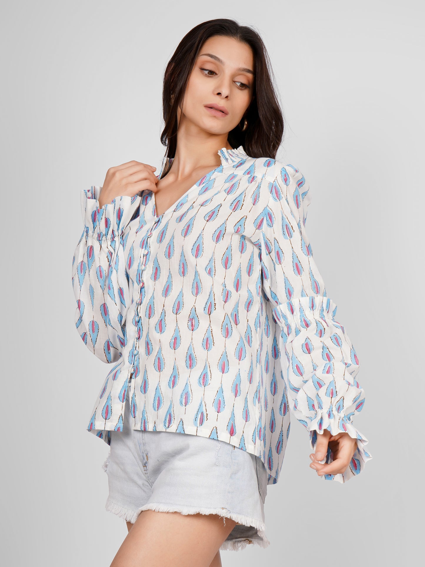 White Blue Printed Top