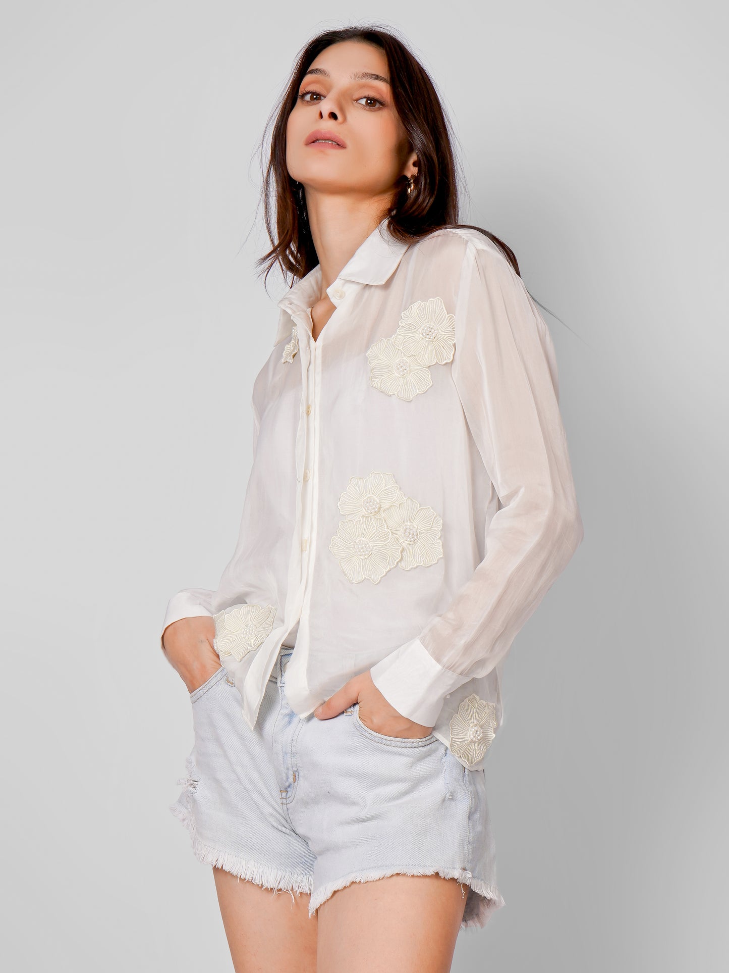 White Sheer Apliqued work Organza Shirt