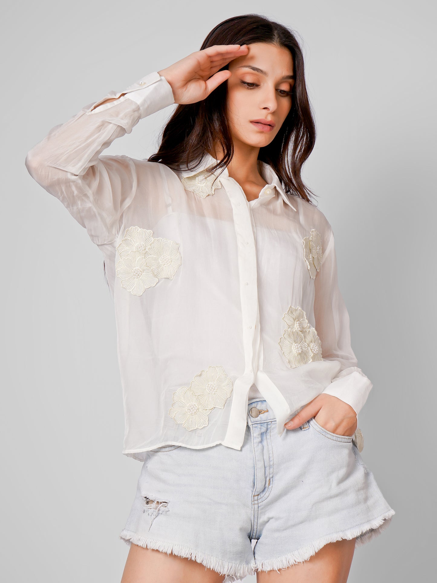 White Sheer Apliqued work Organza Shirt