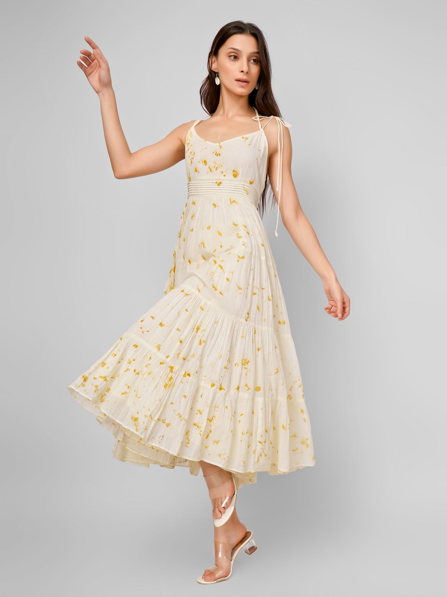 White Yellow Printed Waist Pleated Loop Dress