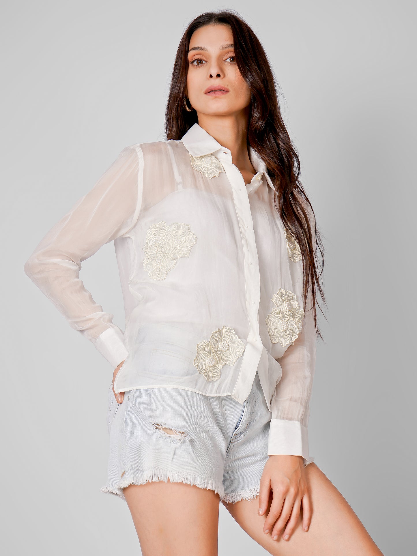 White Sheer Apliqued work Organza Shirt