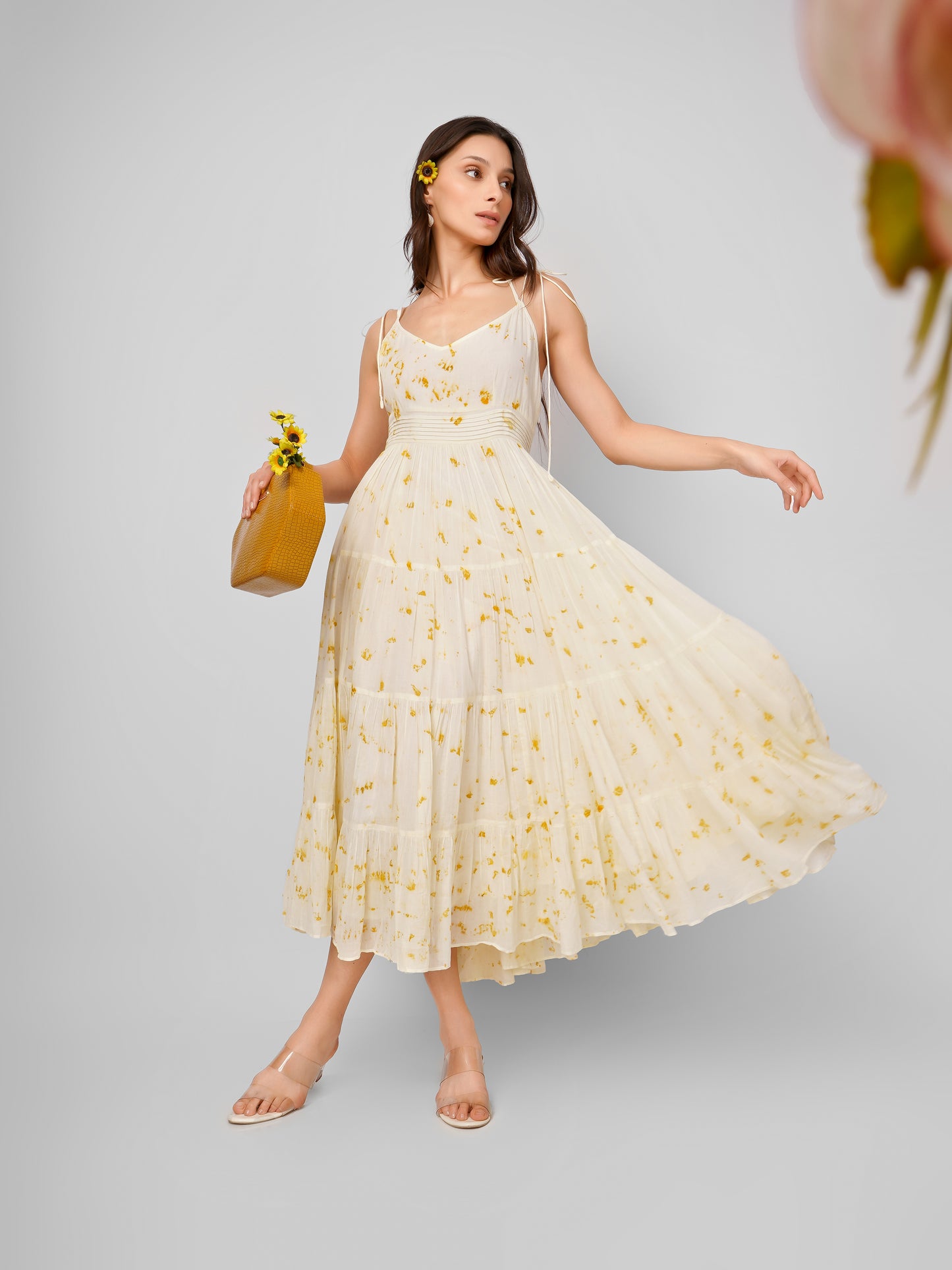 White Yellow Printed Waist Pleated Loop Dress