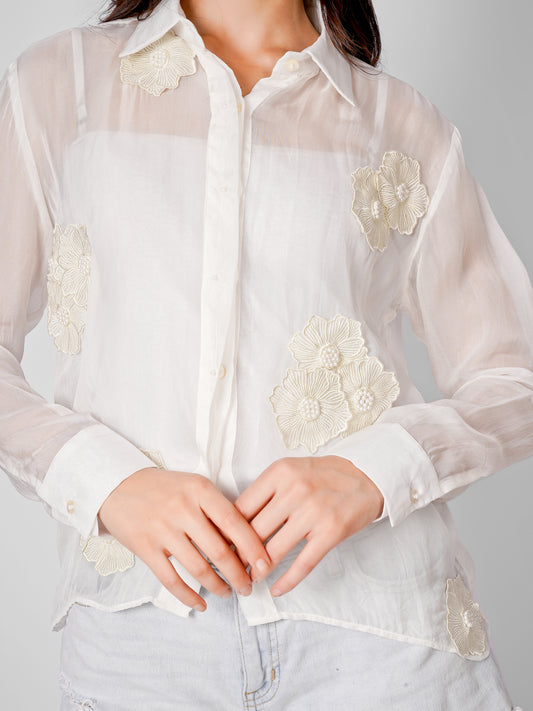 White Sheer Apliqued work Organza Shirt