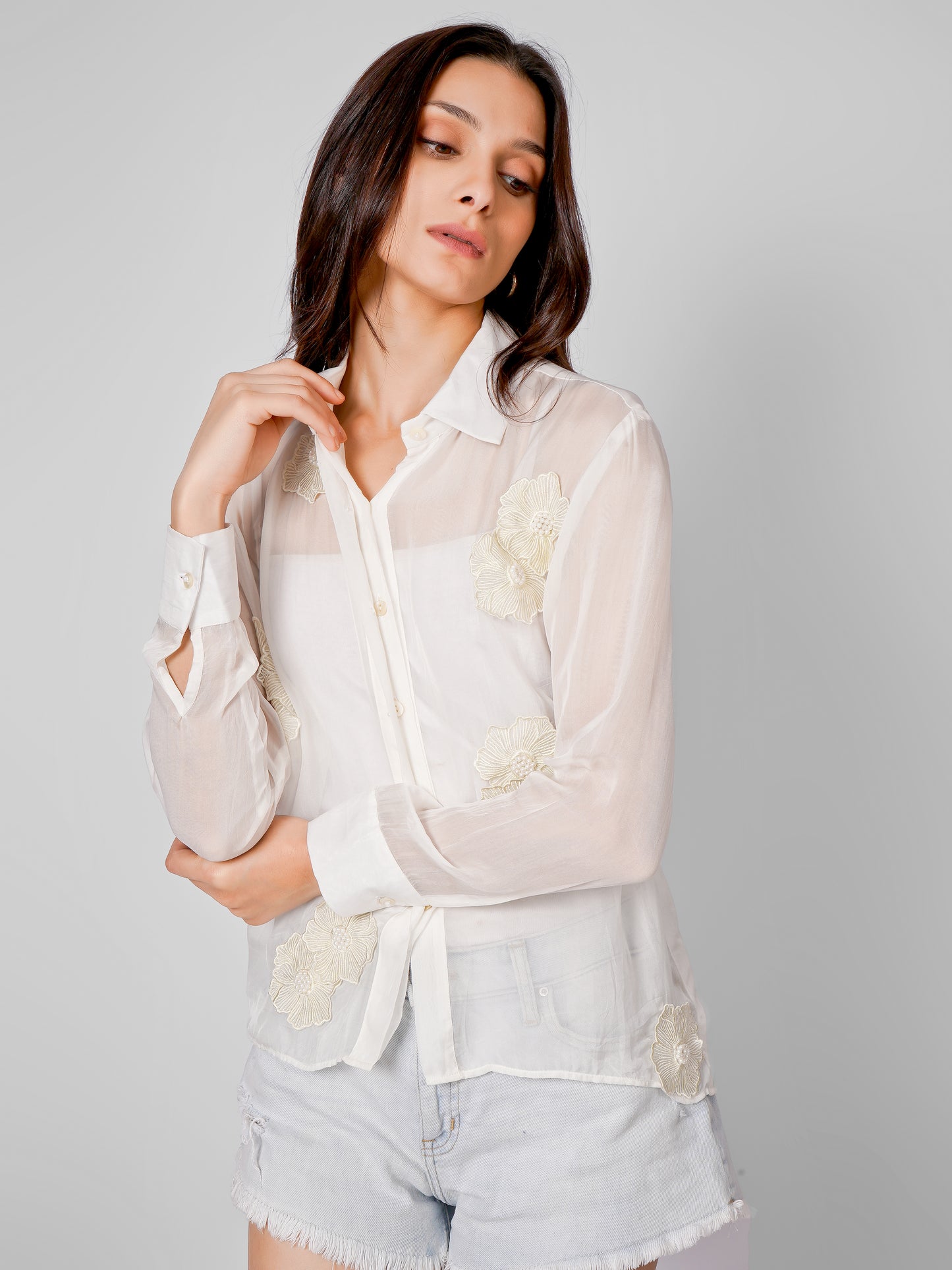 White Sheer Apliqued work Organza Shirt