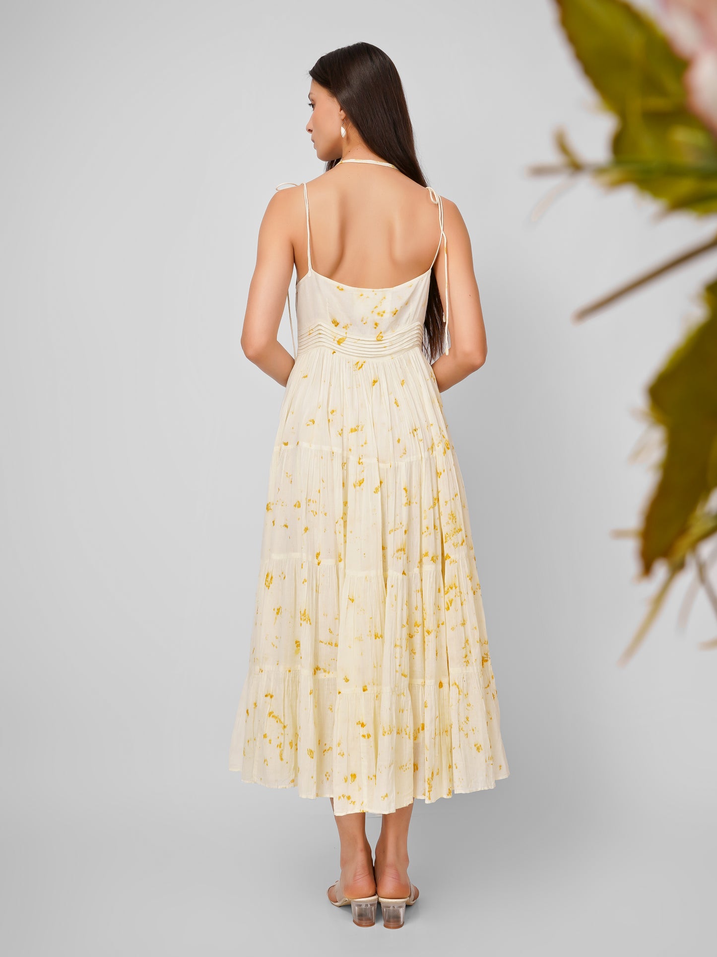 White Yellow Printed Waist Pleated Loop Dress