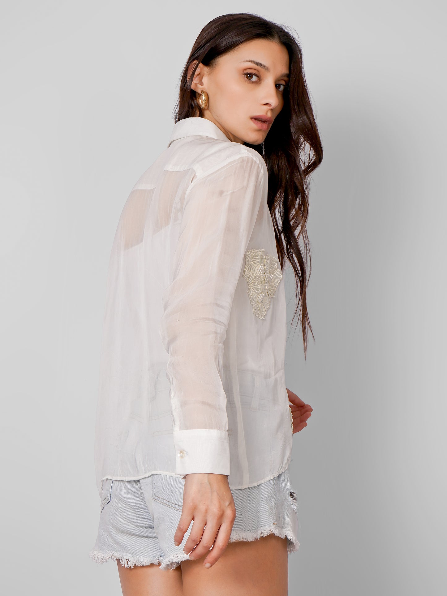 White Sheer Apliqued work Organza Shirt