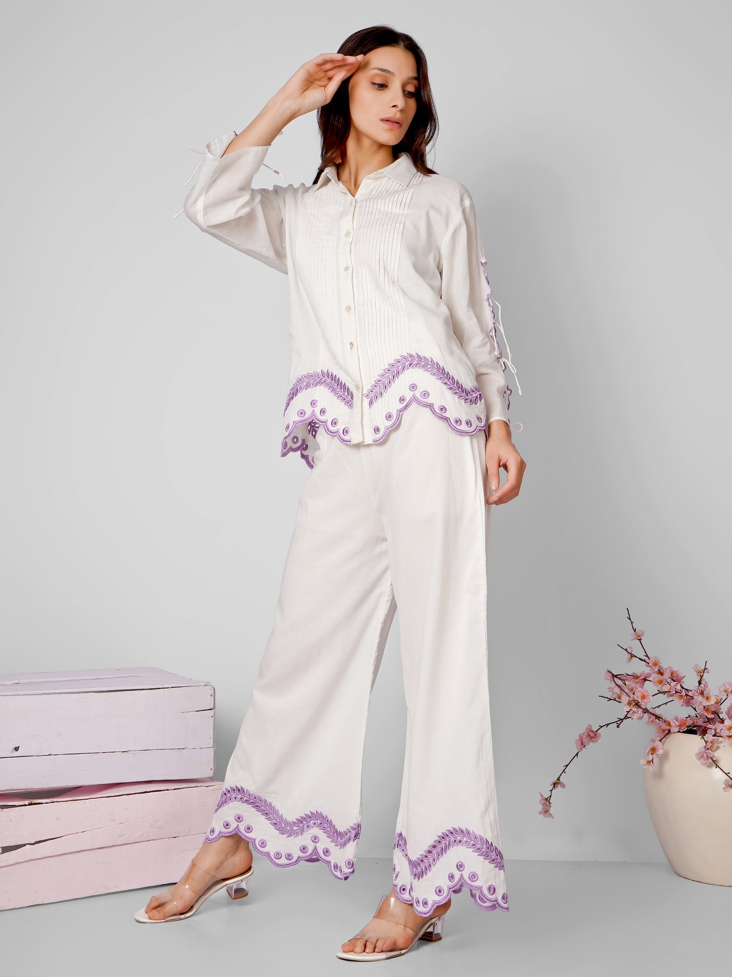 White Lilac Cut Work Co-Ord Set