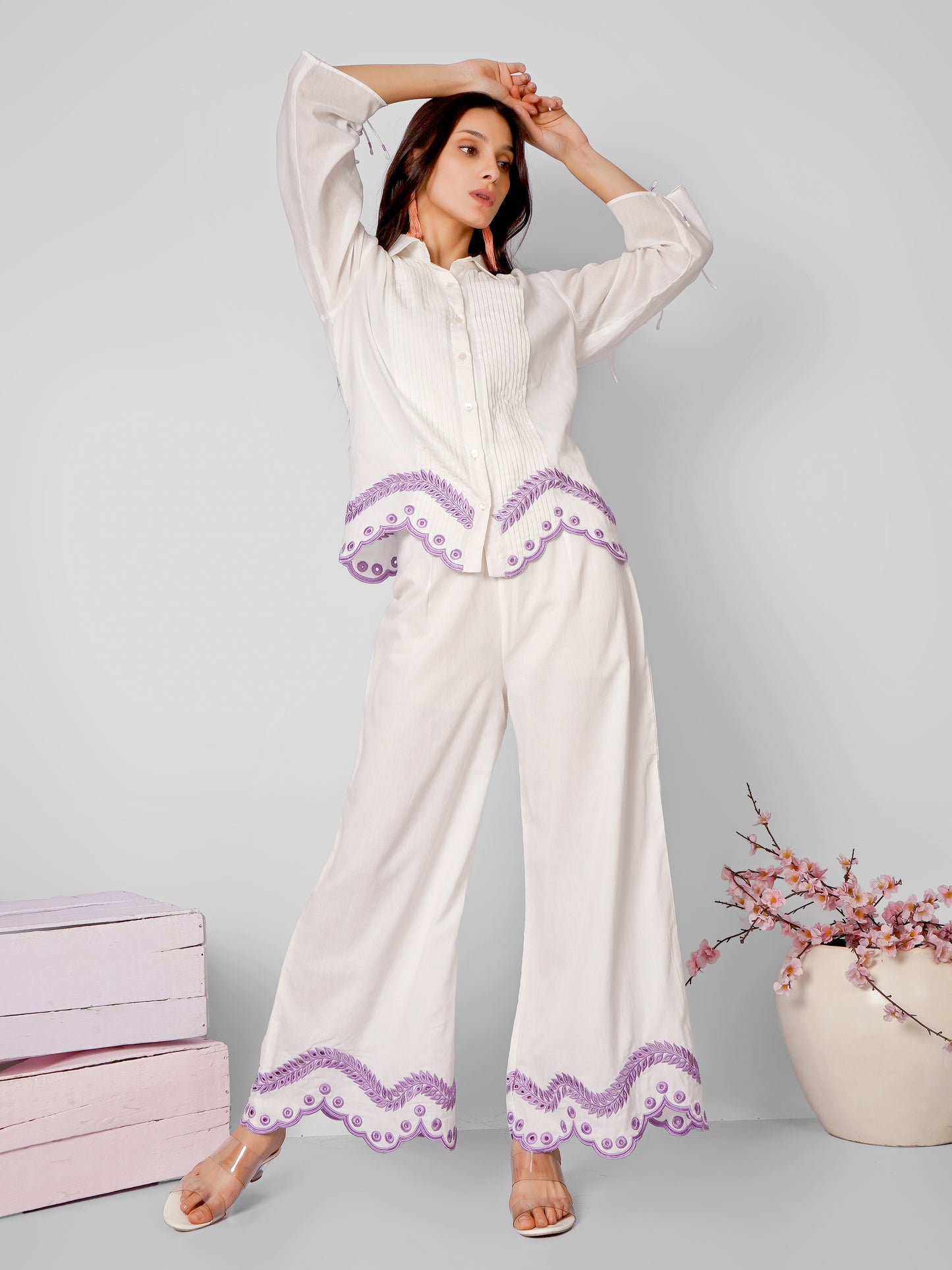 White Lilac Cut Work Co-Ord Set