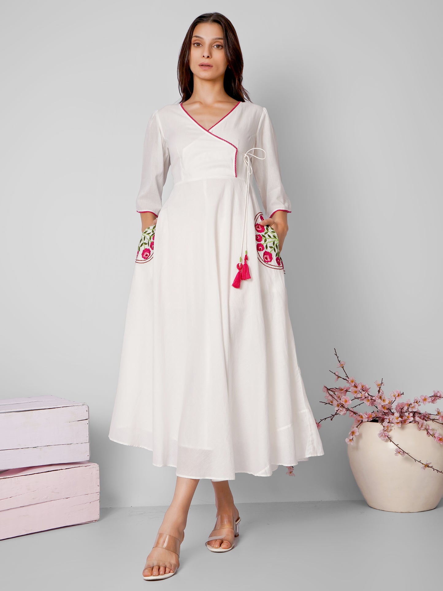 White Pocket Embroidered Angrakha Dress