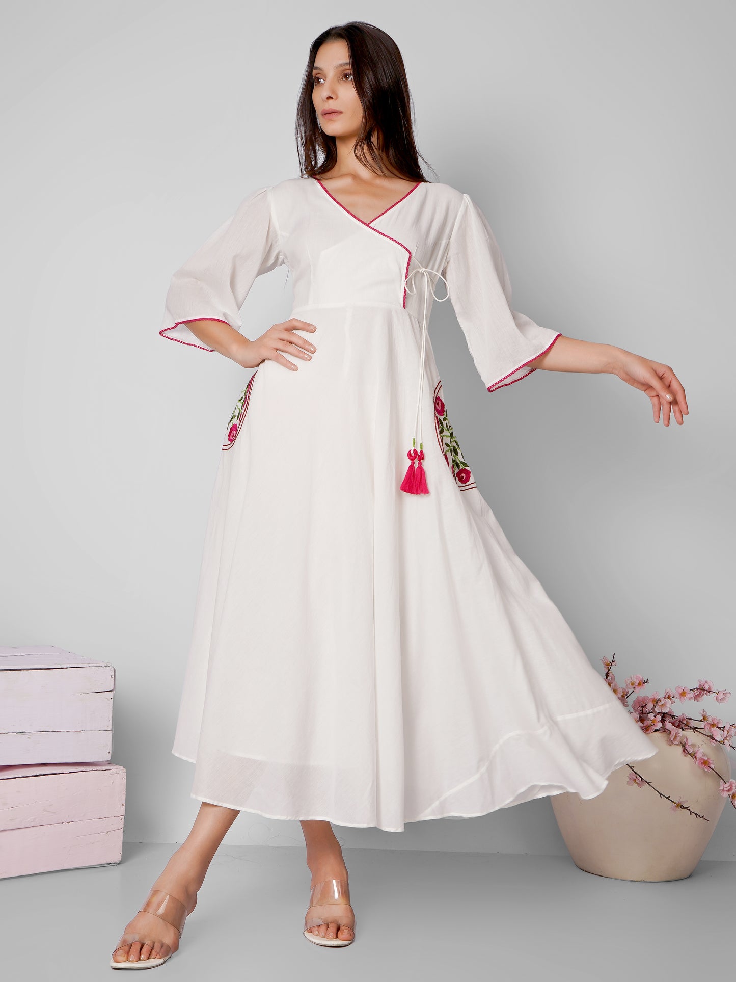 White Pocket Embroidered Angrakha Dress