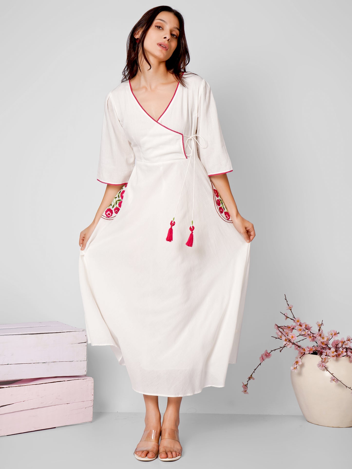 White Pocket Embroidered Angrakha Dress