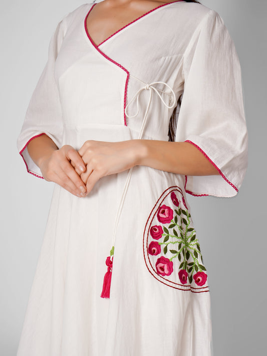 White Pocket Embroidered Angrakha Dress