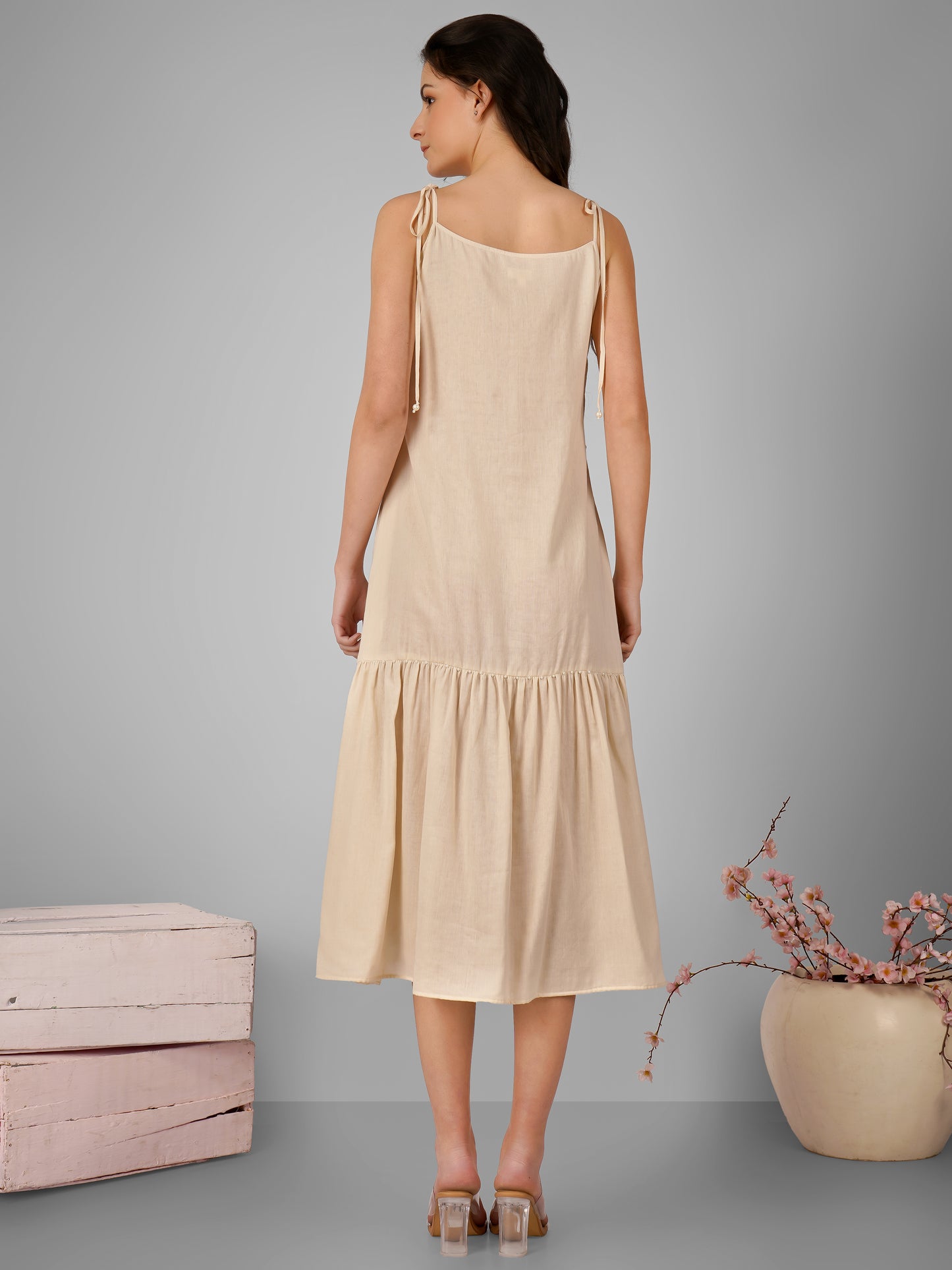 Beige Strappy Gather Dress with Slit