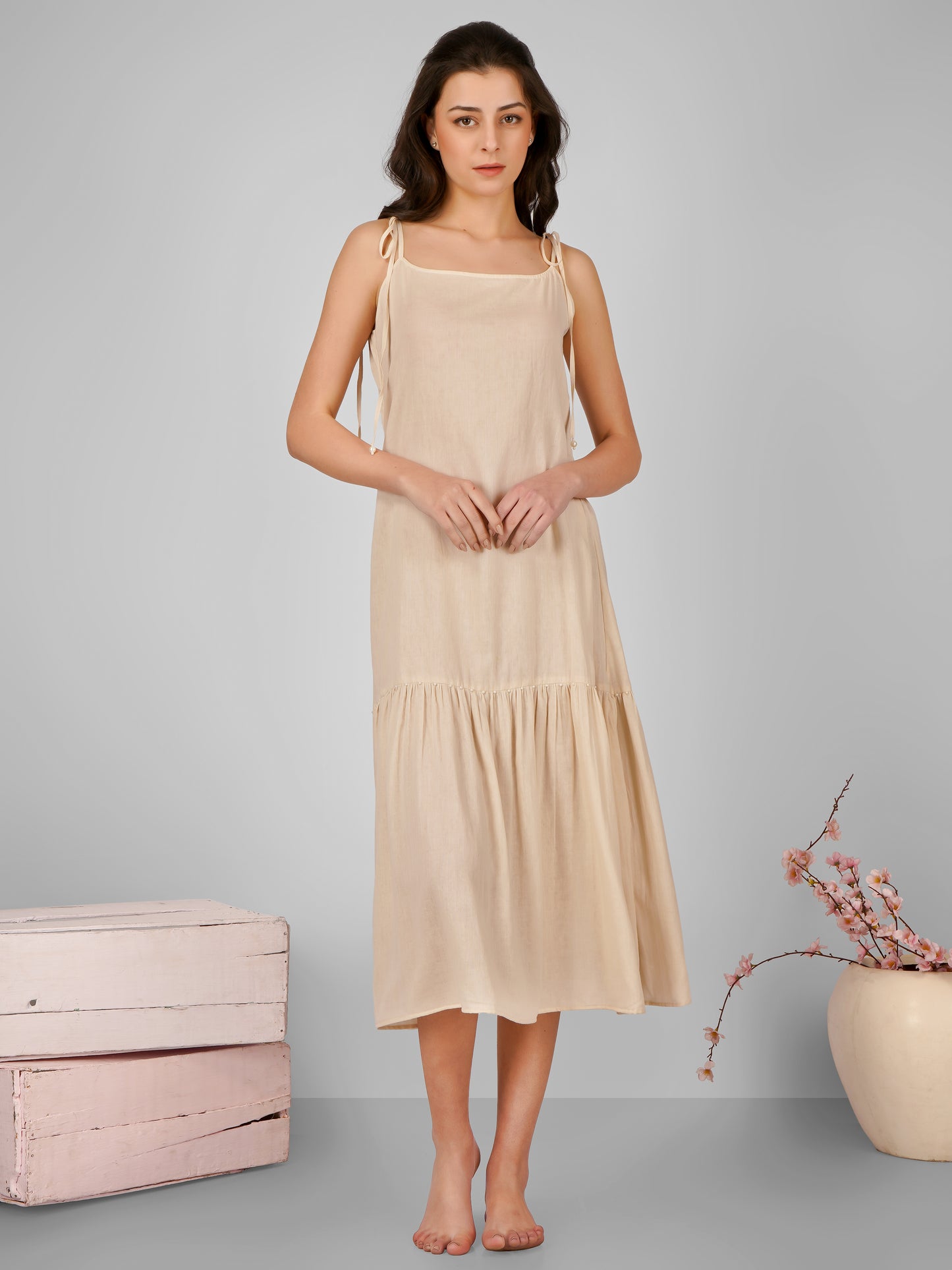 Beige Strappy Gather Dress with Slit