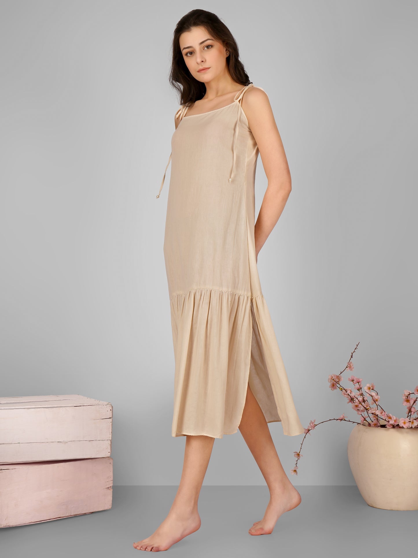 Beige Strappy Gather Dress with Slit