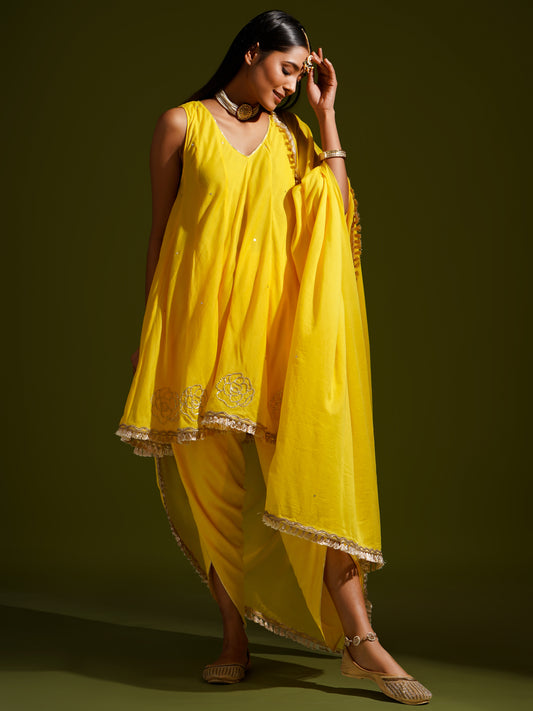 Yellow Short Kali Kurta with Tulip Pants