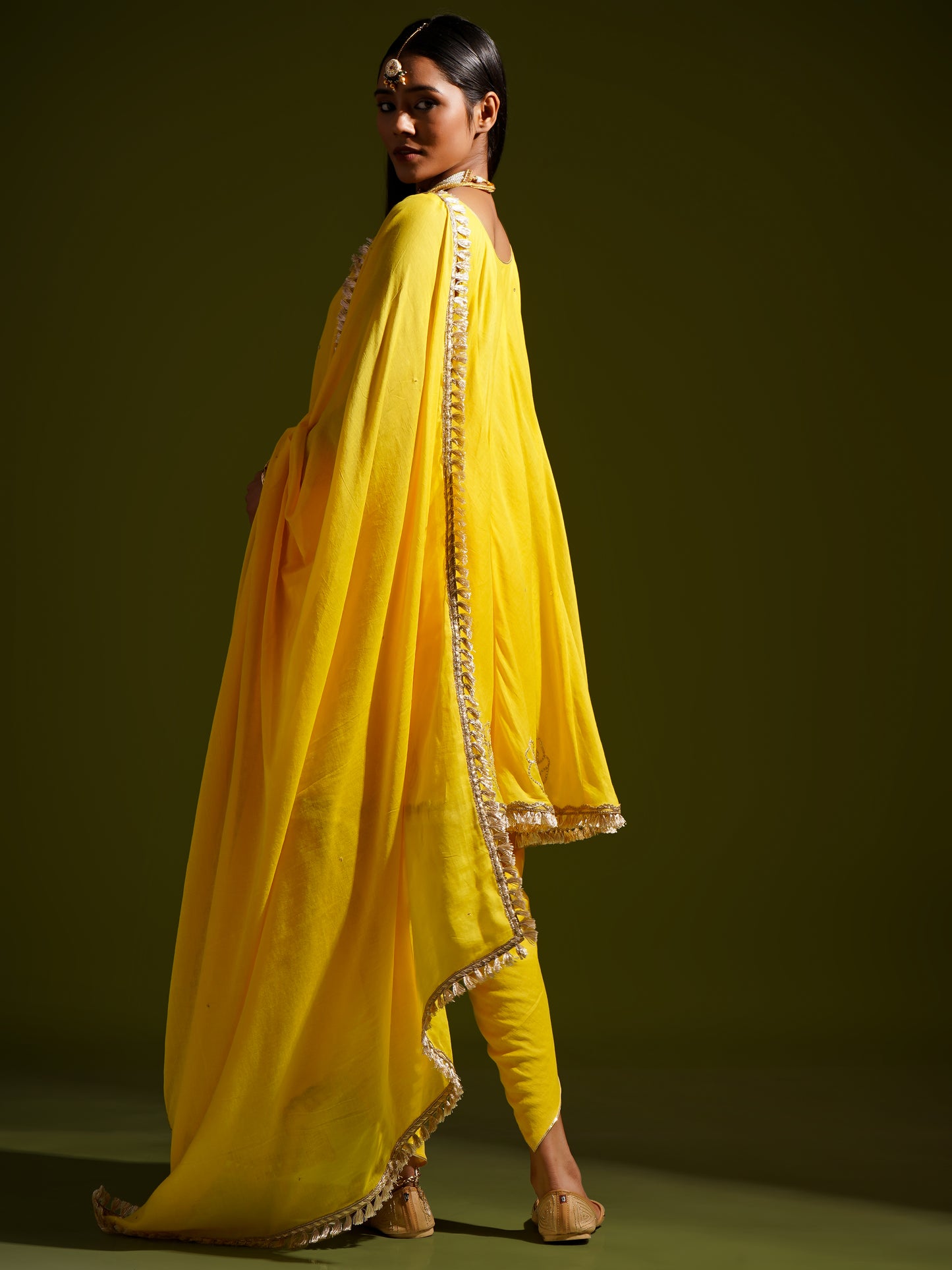 Yellow Short Kali Kurta with Tulip Pants