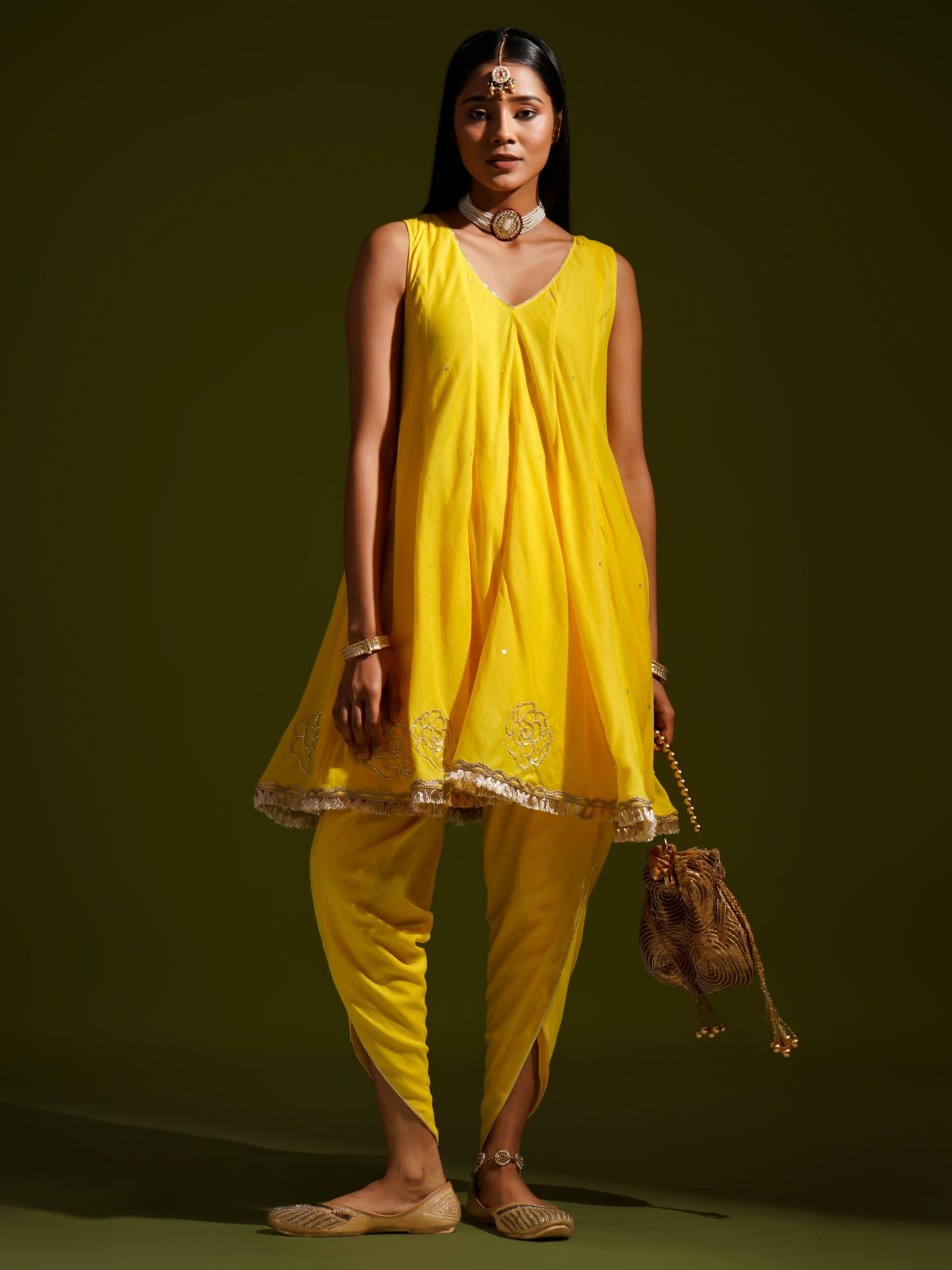 Yellow Short Kali Kurta with Tulip Pants