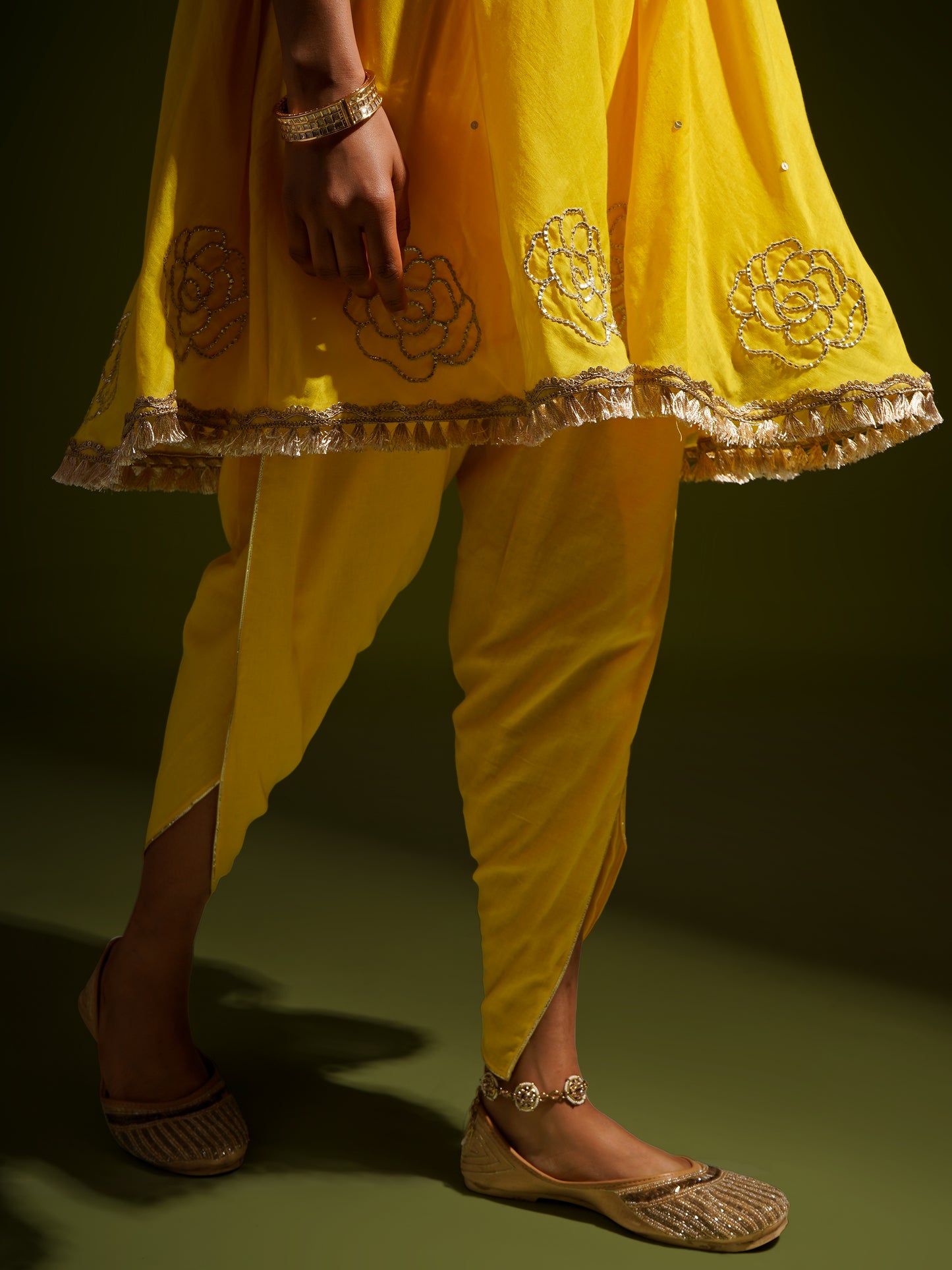 Yellow Short Kali Kurta with Tulip Pants