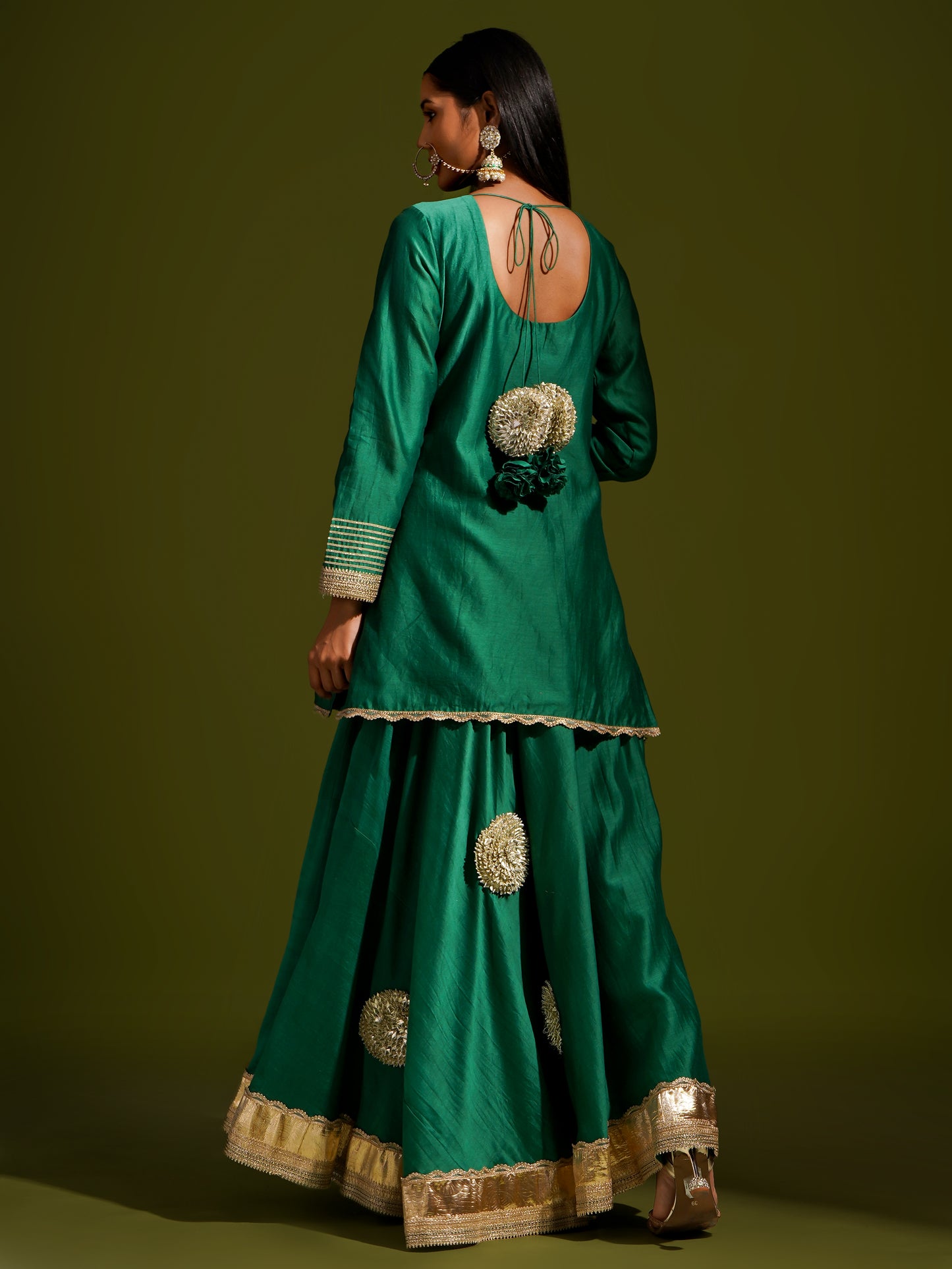 Green Chanderi Short Kurta with Skirt Set