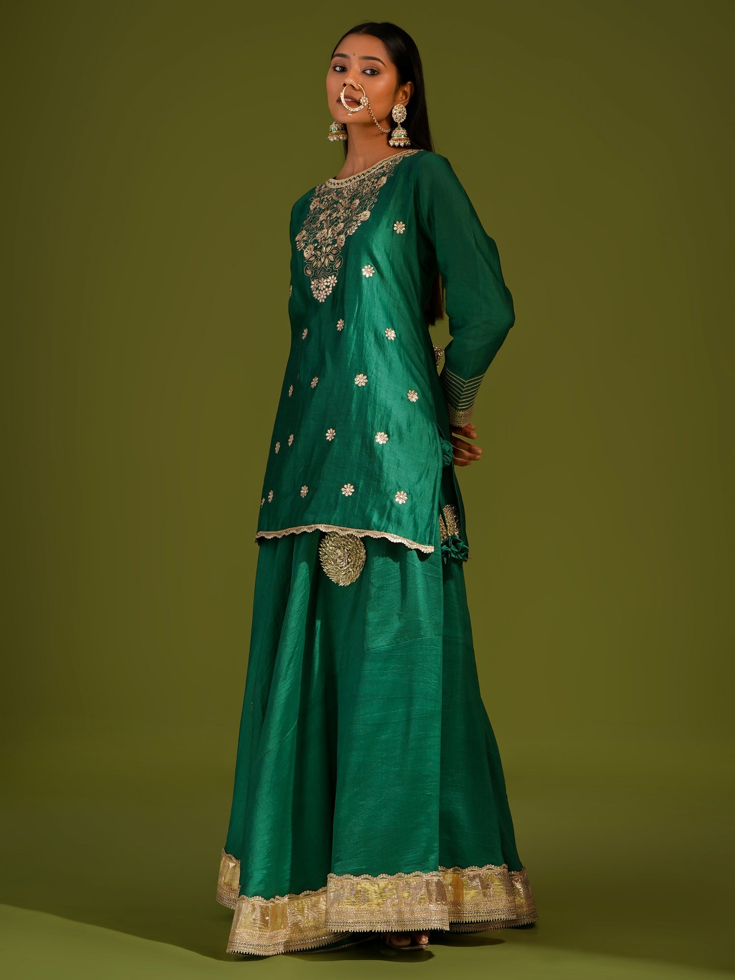 Green Chanderi Short Kurta with Skirt Set