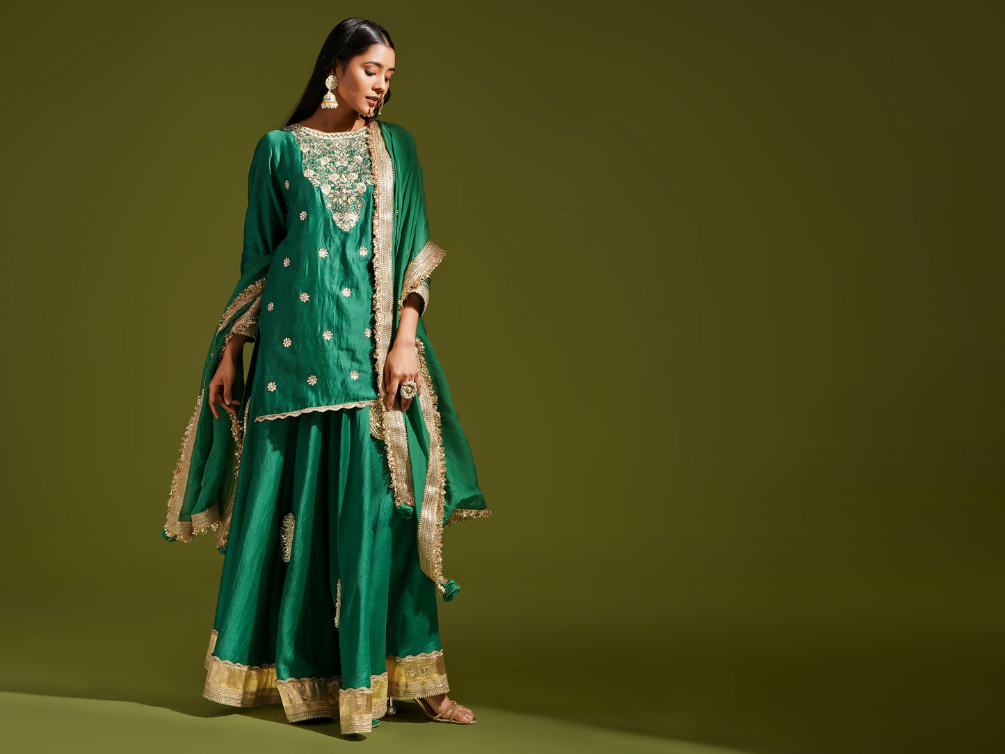 Green Chanderi Short Kurta with Skirt Set